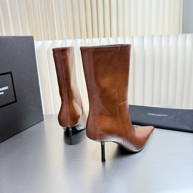 YSL 26S ANKLE BOOTS 80 MM IN LIGHT BROWN SHINY LAMBSKIN