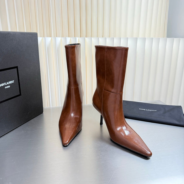 YSL 26S ANKLE BOOTS 80 MM IN LIGHT BROWN SHINY LAMBSKIN