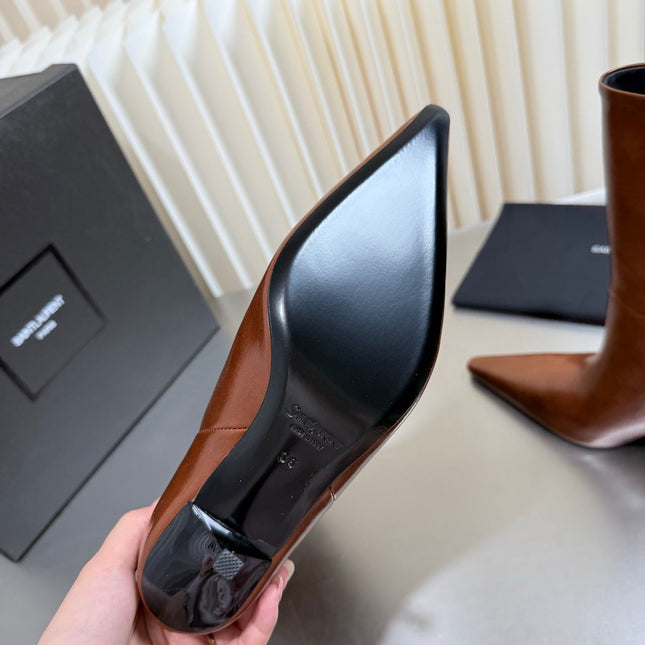 YSL 26S ANKLE BOOTS 80 MM IN LIGHT BROWN SHINY LAMBSKIN