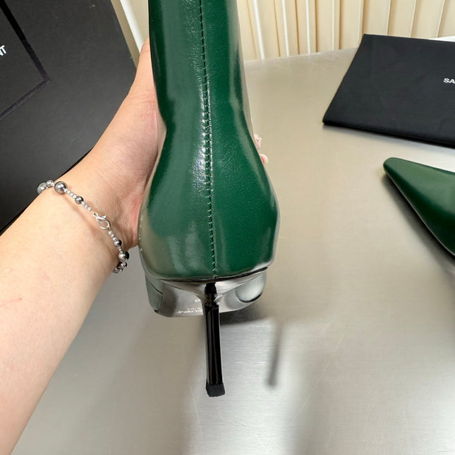 YSL 26S ANKLE BOOTS 80 MM IN DARK GREEN SHINY LAMBSKIN