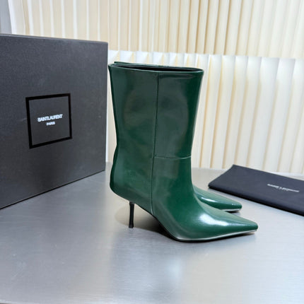 YSL 26S ANKLE BOOTS 80 MM IN DARK GREEN SHINY LAMBSKIN