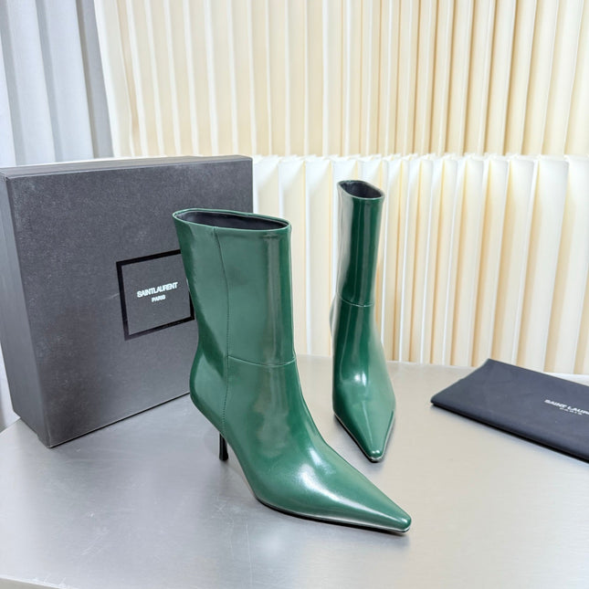 YSL 26S ANKLE BOOTS 80 MM IN DARK GREEN SHINY LAMBSKIN