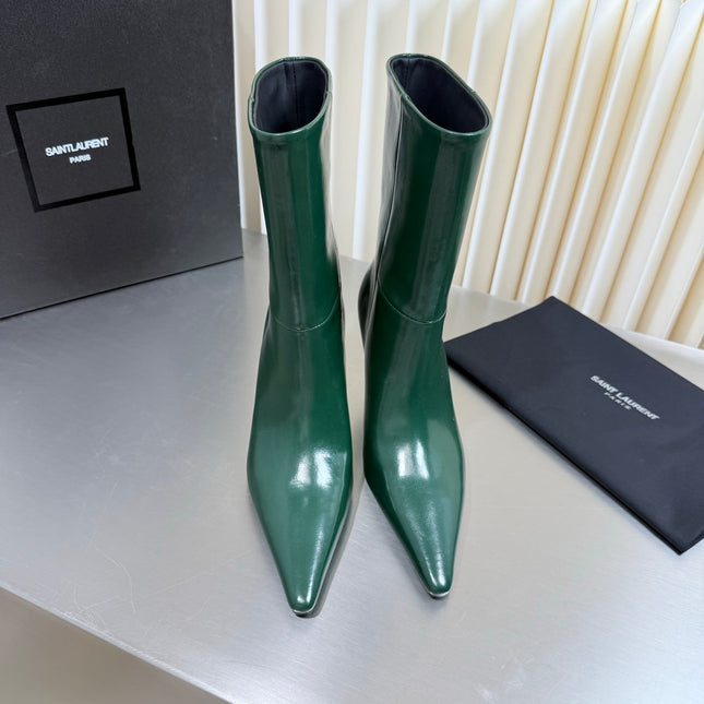 YSL 26S ANKLE BOOTS 80 MM IN DARK GREEN SHINY LAMBSKIN