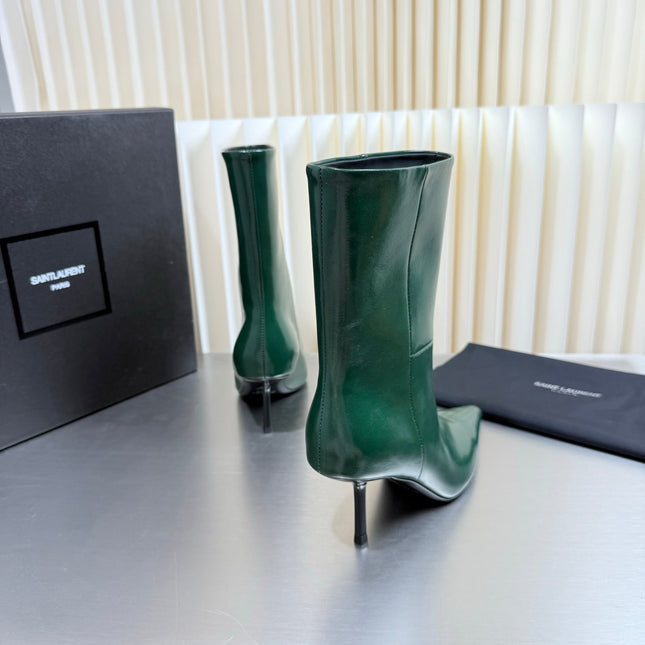 YSL 26S ANKLE BOOTS 80 MM IN DARK GREEN SHINY LAMBSKIN