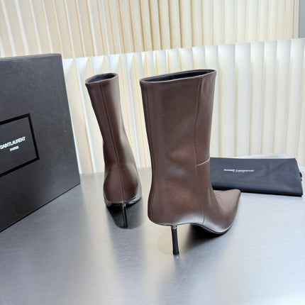 YSL 26S ANKLE BOOTS 80 MM IN DARK BROWN  SHINY LAMBSKIN
