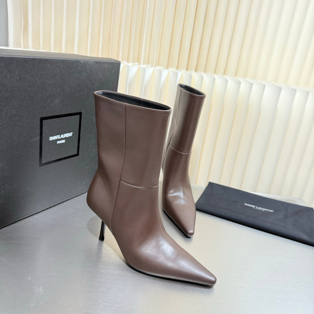 YSL 26S ANKLE BOOTS 80 MM IN DARK BROWN  SHINY LAMBSKIN