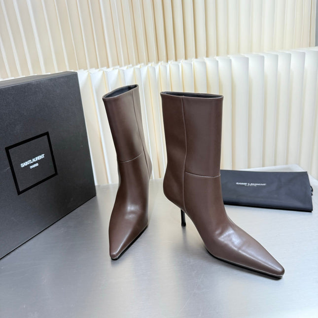 YSL 26S ANKLE BOOTS 80 MM IN DARK BROWN  SHINY LAMBSKIN