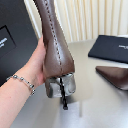 YSL 26S ANKLE BOOTS 80 MM IN DARK BROWN  SHINY LAMBSKIN