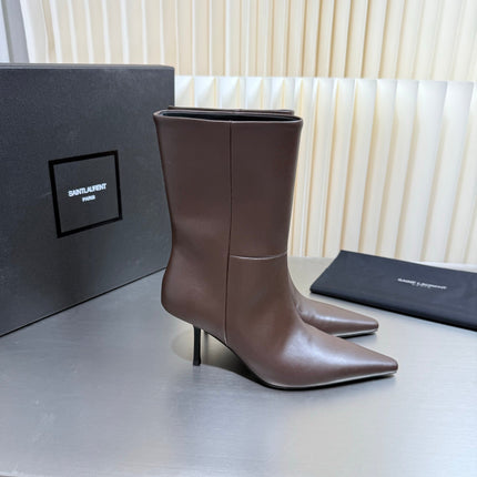 YSL 26S ANKLE BOOTS 80 MM IN DARK BROWN  SHINY LAMBSKIN