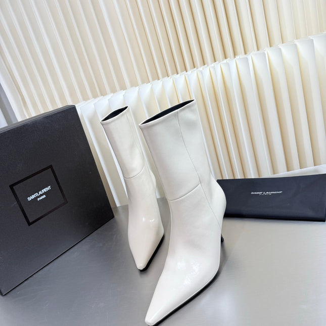 YSL 26S ANKLE BOOTS 80 MM IN CREAM WHITE SHINY LAMBSKIN