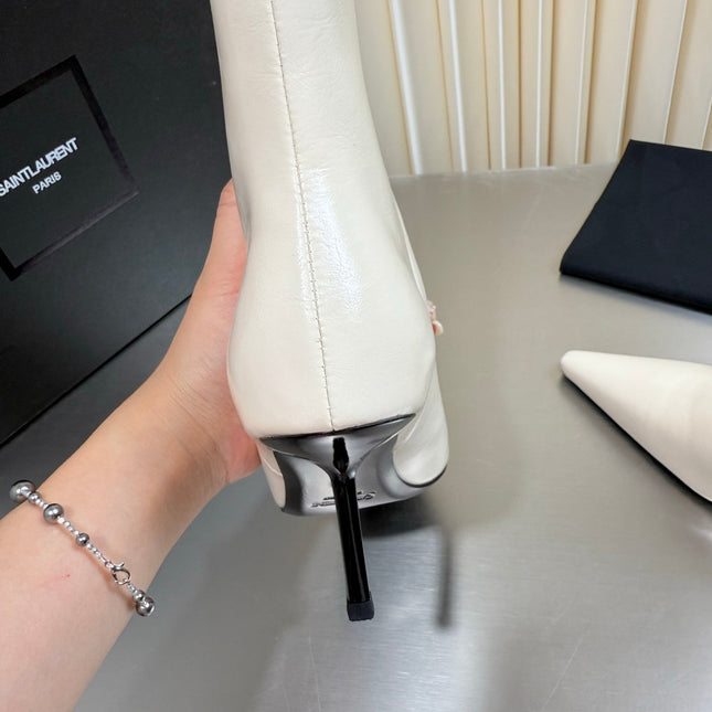 YSL 26S ANKLE BOOTS 80 MM IN CREAM WHITE SHINY LAMBSKIN