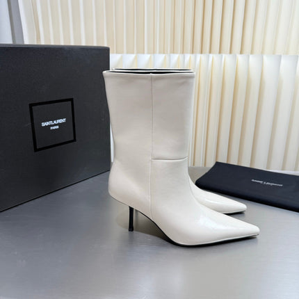 YSL 26S ANKLE BOOTS 80 MM IN CREAM WHITE SHINY LAMBSKIN