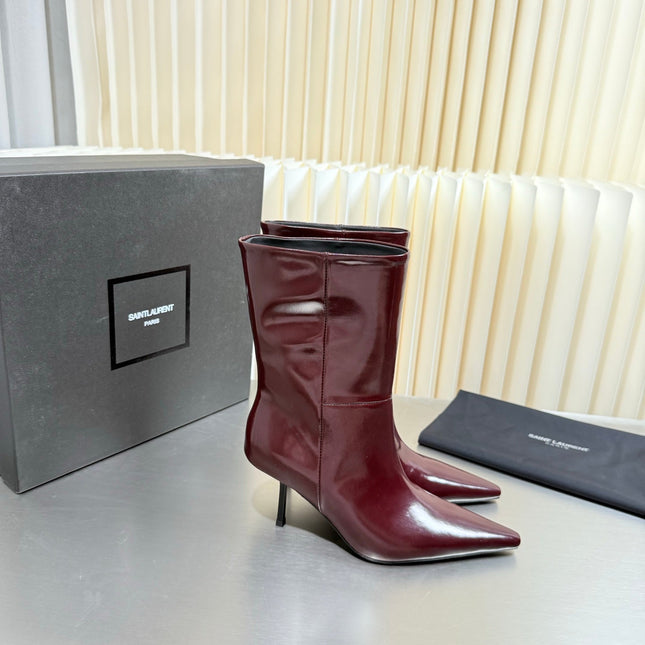 YSL 26S ANKLE BOOTS 80 MM IN DARK RED SHINY LAMBSKIN