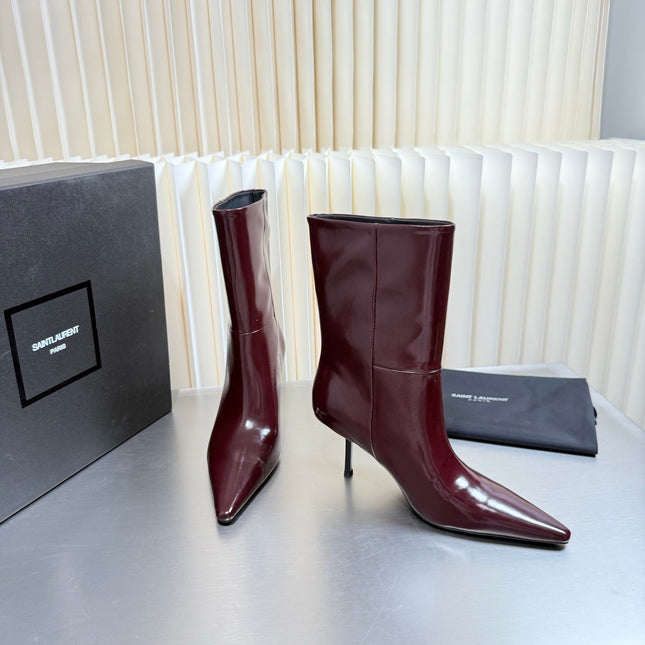 YSL 26S ANKLE BOOTS 80 MM IN DARK RED SHINY LAMBSKIN