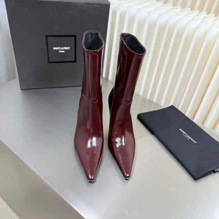 YSL 26S ANKLE BOOTS 80 MM IN DARK RED SHINY LAMBSKIN