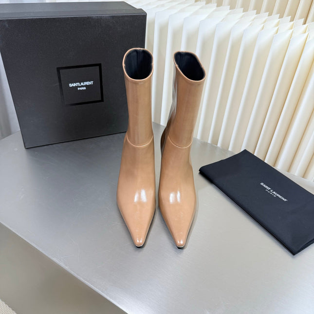 YSL 26S ANKLE BOOTS 80 MM IN BEIGE SHINY LAMBSKIN