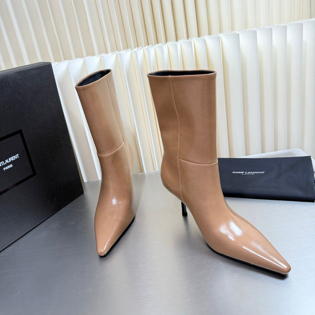 YSL 26S ANKLE BOOTS 80 MM IN BEIGE SHINY LAMBSKIN