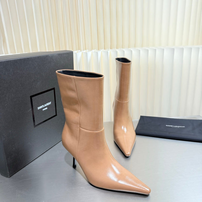 YSL 26S ANKLE BOOTS 80 MM IN BEIGE SHINY LAMBSKIN