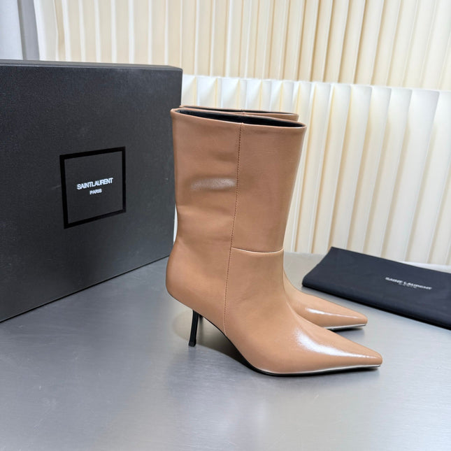 YSL 26S ANKLE BOOTS 80 MM IN BEIGE SHINY LAMBSKIN