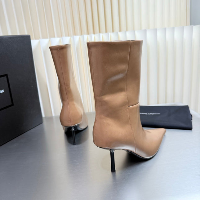 YSL 26S ANKLE BOOTS 80 MM IN BEIGE SHINY LAMBSKIN