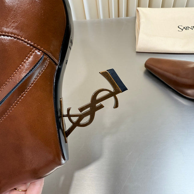 YSL 26S TALL POINTED-TOE HEELED BOOTS 80 MM IN LIGHT BROWN GLOSSY LAMBSKIN