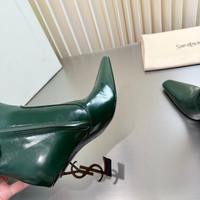 YSL 26S TALL POINTED-TOE HEELED BOOTS 80 MM IN DARK GREEN GLOSSY LAMBSKIN