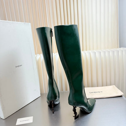 YSL 26S TALL POINTED-TOE HEELED BOOTS 80 MM IN DARK GREEN GLOSSY LAMBSKIN