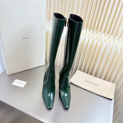 YSL 26S TALL POINTED-TOE HEELED BOOTS 80 MM IN DARK GREEN GLOSSY LAMBSKIN