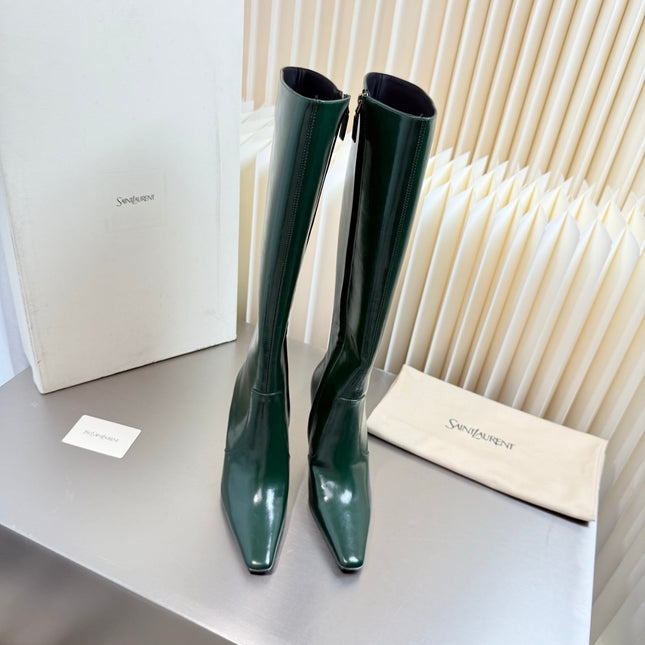 YSL 26S TALL POINTED-TOE HEELED BOOTS 80 MM IN DARK GREEN GLOSSY LAMBSKIN