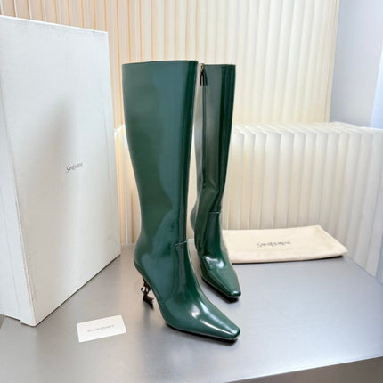YSL 26S TALL POINTED-TOE HEELED BOOTS 80 MM IN DARK GREEN GLOSSY LAMBSKIN