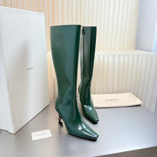 YSL 26S TALL POINTED-TOE HEELED BOOTS 80 MM IN DARK GREEN GLOSSY LAMBSKIN