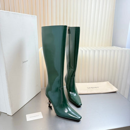 YSL 26S TALL POINTED-TOE HEELED BOOTS 80 MM IN DARK GREEN GLOSSY LAMBSKIN
