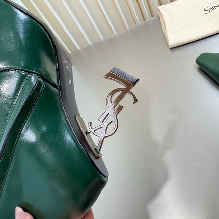 YSL 26S TALL POINTED-TOE HEELED BOOTS 80 MM IN DARK GREEN GLOSSY LAMBSKIN