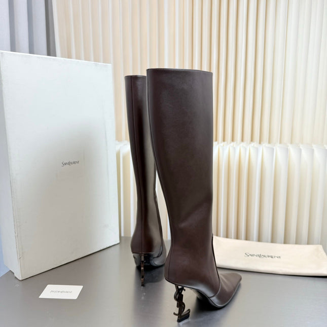 YSL 26S TALL POINTED-TOE HEELED BOOTS 80 MM IN DARK BROWN LAMBSKIN