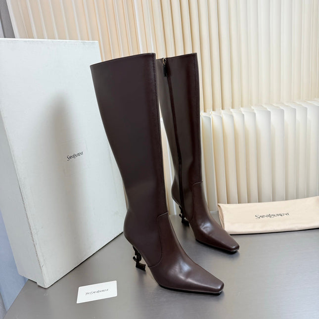 YSL 26S TALL POINTED-TOE HEELED BOOTS 80 MM IN DARK BROWN LAMBSKIN