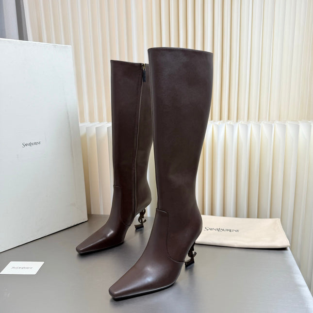 YSL 26S TALL POINTED-TOE HEELED BOOTS 80 MM IN DARK BROWN LAMBSKIN