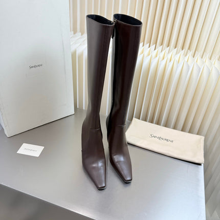 YSL 26S TALL POINTED-TOE HEELED BOOTS 80 MM IN DARK BROWN LAMBSKIN