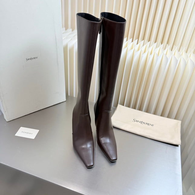 YSL 26S TALL POINTED-TOE HEELED BOOTS 80 MM IN DARK BROWN LAMBSKIN