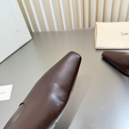 YSL 26S TALL POINTED-TOE HEELED BOOTS 80 MM IN DARK BROWN LAMBSKIN