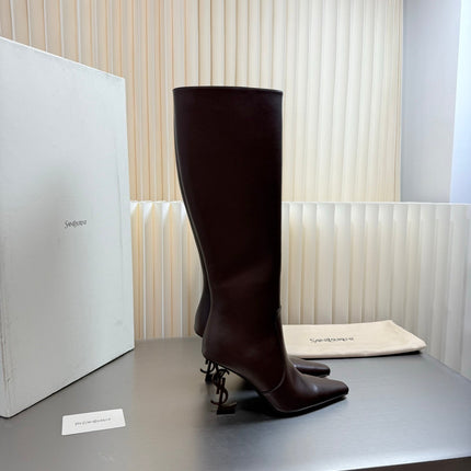 YSL 26S TALL POINTED-TOE HEELED BOOTS 80 MM IN DARK BROWN LAMBSKIN