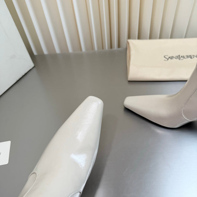 YSL 26S TALL POINTED-TOE HEELED BOOTS 80 MM IN CREAM WHITE SHINY LAMBSKIN