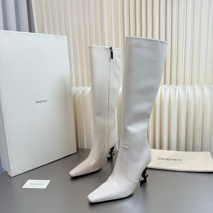 YSL 26S TALL POINTED-TOE HEELED BOOTS 80 MM IN CREAM WHITE SHINY LAMBSKIN
