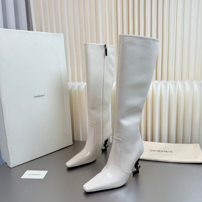 YSL 26S TALL POINTED-TOE HEELED BOOTS 80 MM IN CREAM WHITE SHINY LAMBSKIN
