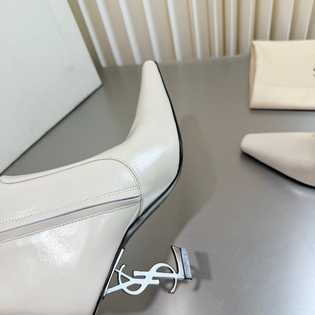 YSL 26S TALL POINTED-TOE HEELED BOOTS 80 MM IN CREAM WHITE SHINY LAMBSKIN
