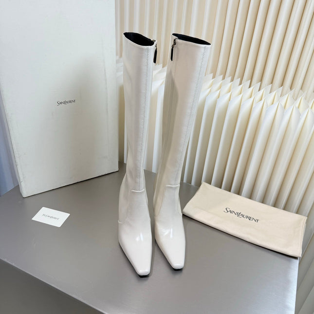 YSL 26S TALL POINTED-TOE HEELED BOOTS 80 MM IN CREAM WHITE SHINY LAMBSKIN