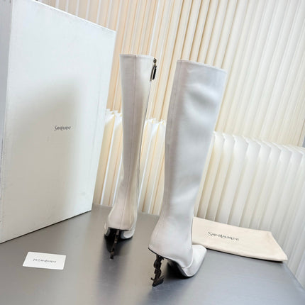 YSL 26S TALL POINTED-TOE HEELED BOOTS 80 MM IN CREAM WHITE SHINY LAMBSKIN
