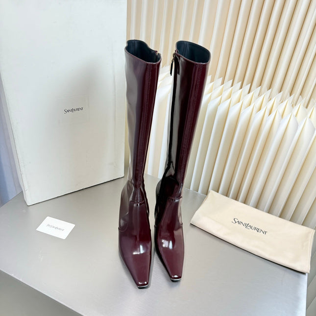 YSL 26S TALL POINTED-TOE HEELED BOOTS 80 MM IN DARK RED SHINY LAMBSKIN