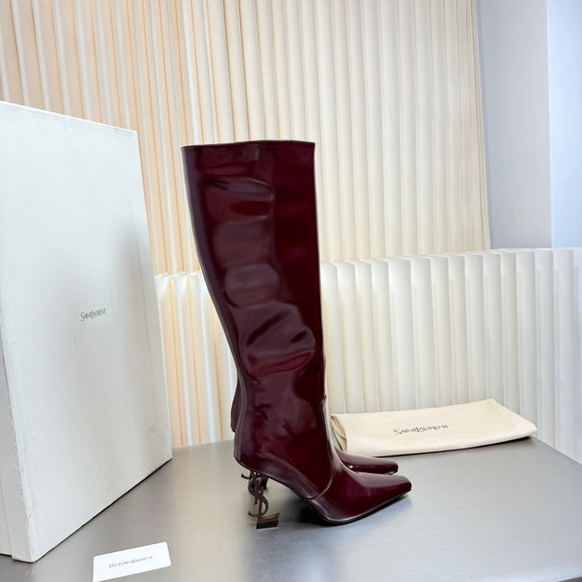 YSL 26S TALL POINTED-TOE HEELED BOOTS 80 MM IN DARK RED SHINY LAMBSKIN