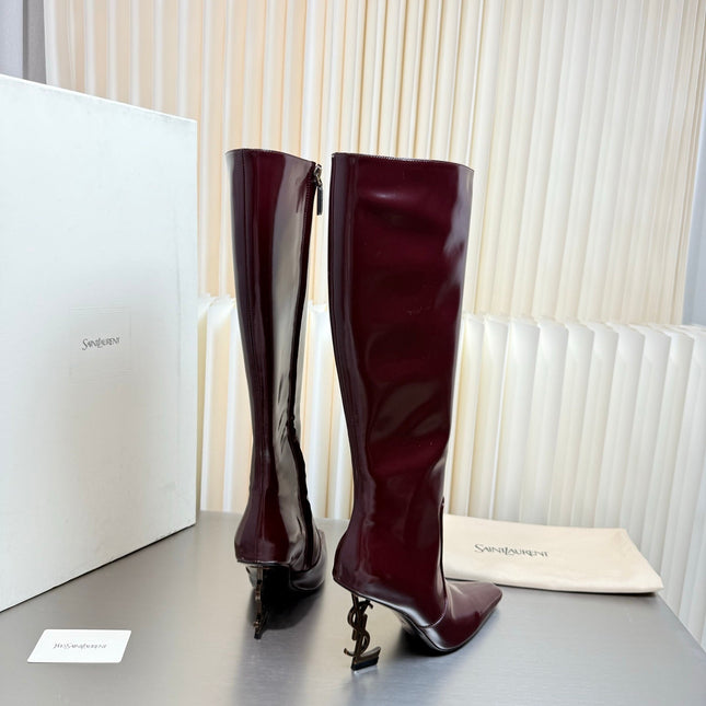 YSL 26S TALL POINTED-TOE HEELED BOOTS 80 MM IN DARK RED SHINY LAMBSKIN