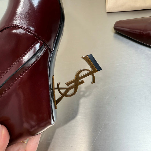 YSL 26S TALL POINTED-TOE HEELED BOOTS 80 MM IN DARK RED SHINY LAMBSKIN